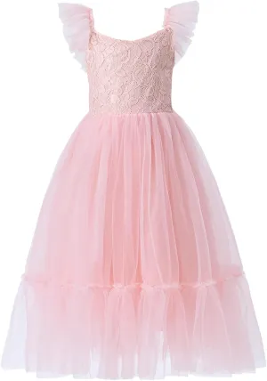 Girl A-Line Straight Tulle Tutu Dress Tie Back Summer Sleeveless Lace Flower Girl Dress for Birthday Party