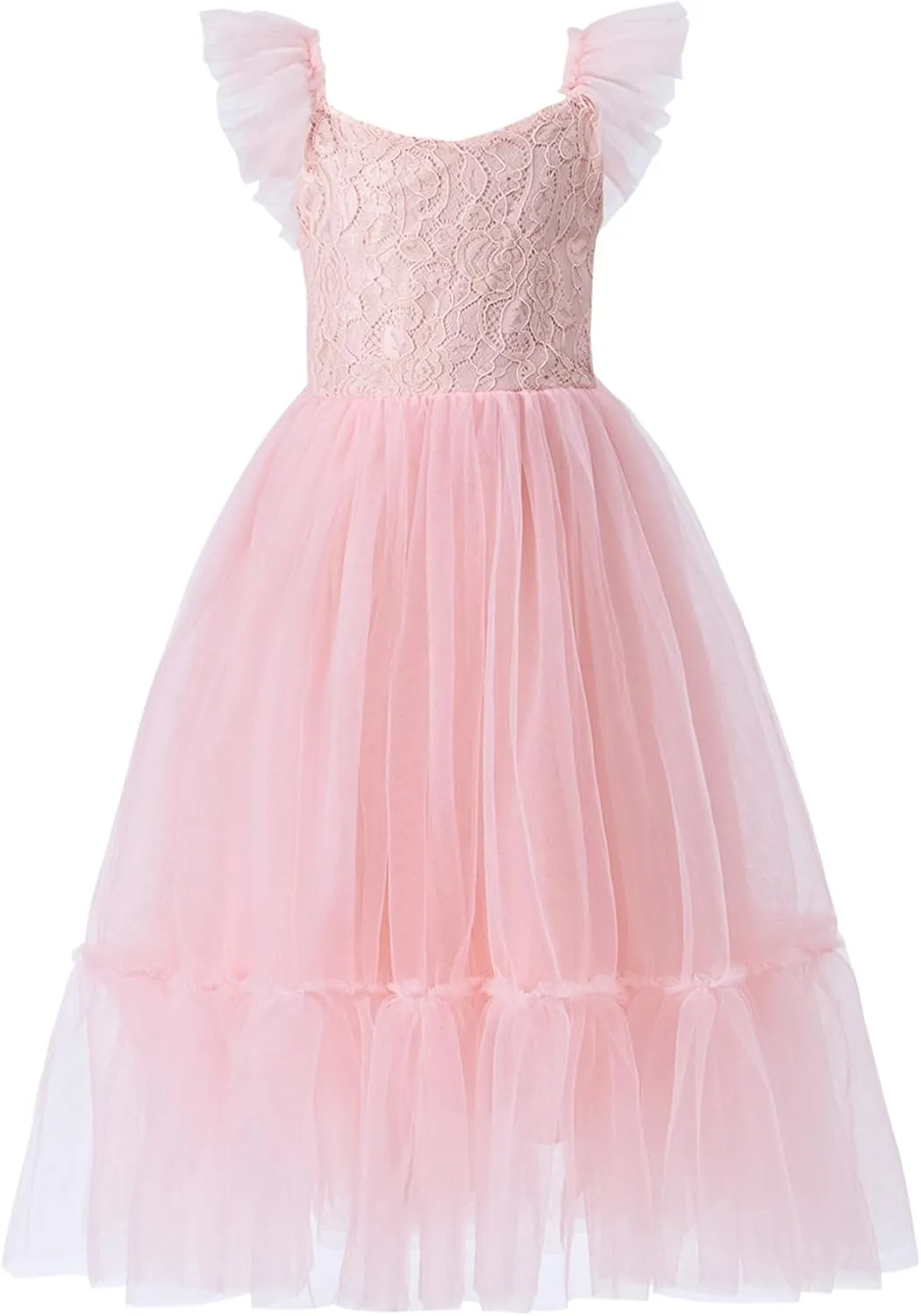 Girl A-Line Straight Tulle Tutu Dress Tie Back Summer Sleeveless Lace Flower Girl Dress for Birthday Party