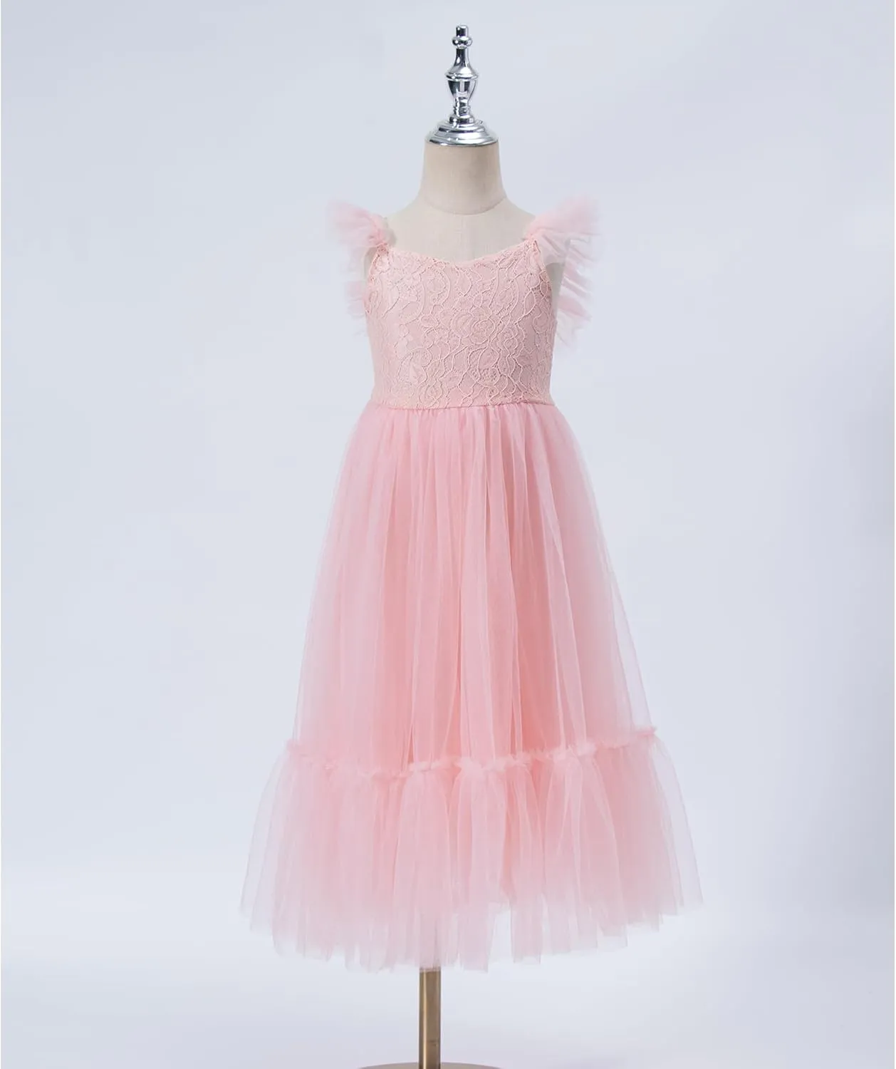 Girl A-Line Straight Tulle Tutu Dress Tie Back Summer Sleeveless Lace Flower Girl Dress for Birthday Party