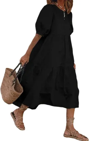 Guteidee Cotton Linen Dress for Womens Summer Midi Long Dress Short Sleeve A Line Dress