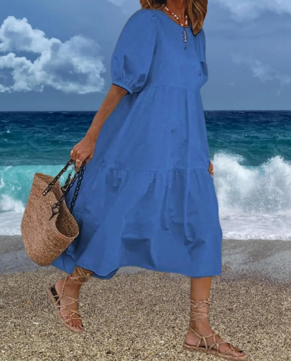 Guteidee Cotton Linen Dress for Womens Summer Midi Long Dress Short Sleeve A Line Dress