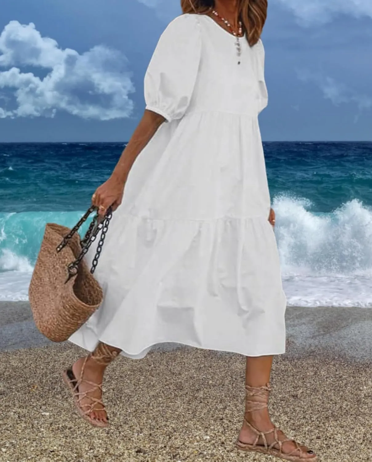 Guteidee Cotton Linen Dress for Womens Summer Midi Long Dress Short Sleeve A Line Dress