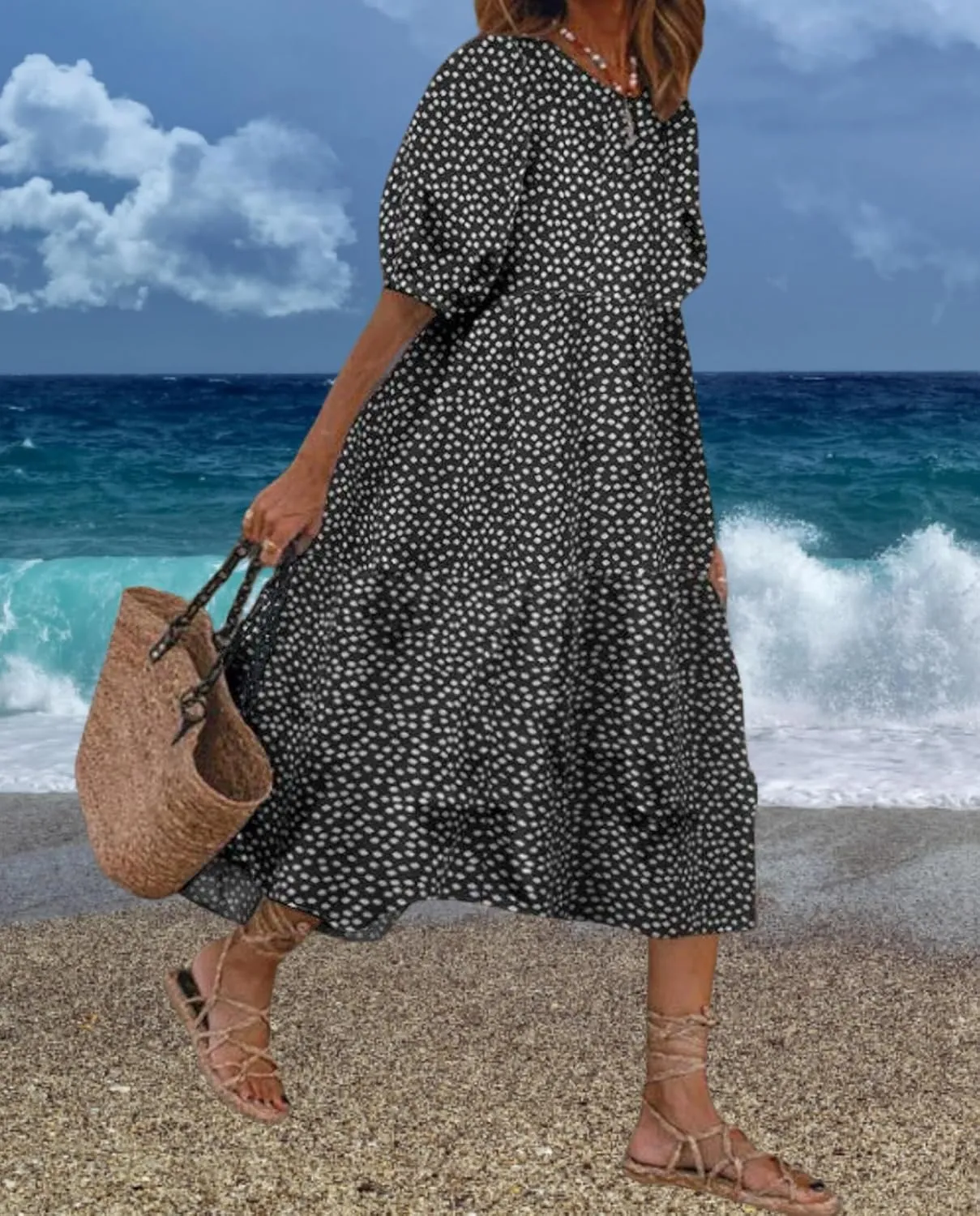 Guteidee Cotton Linen Dress for Womens Summer Midi Long Dress Short Sleeve A Line Dress
