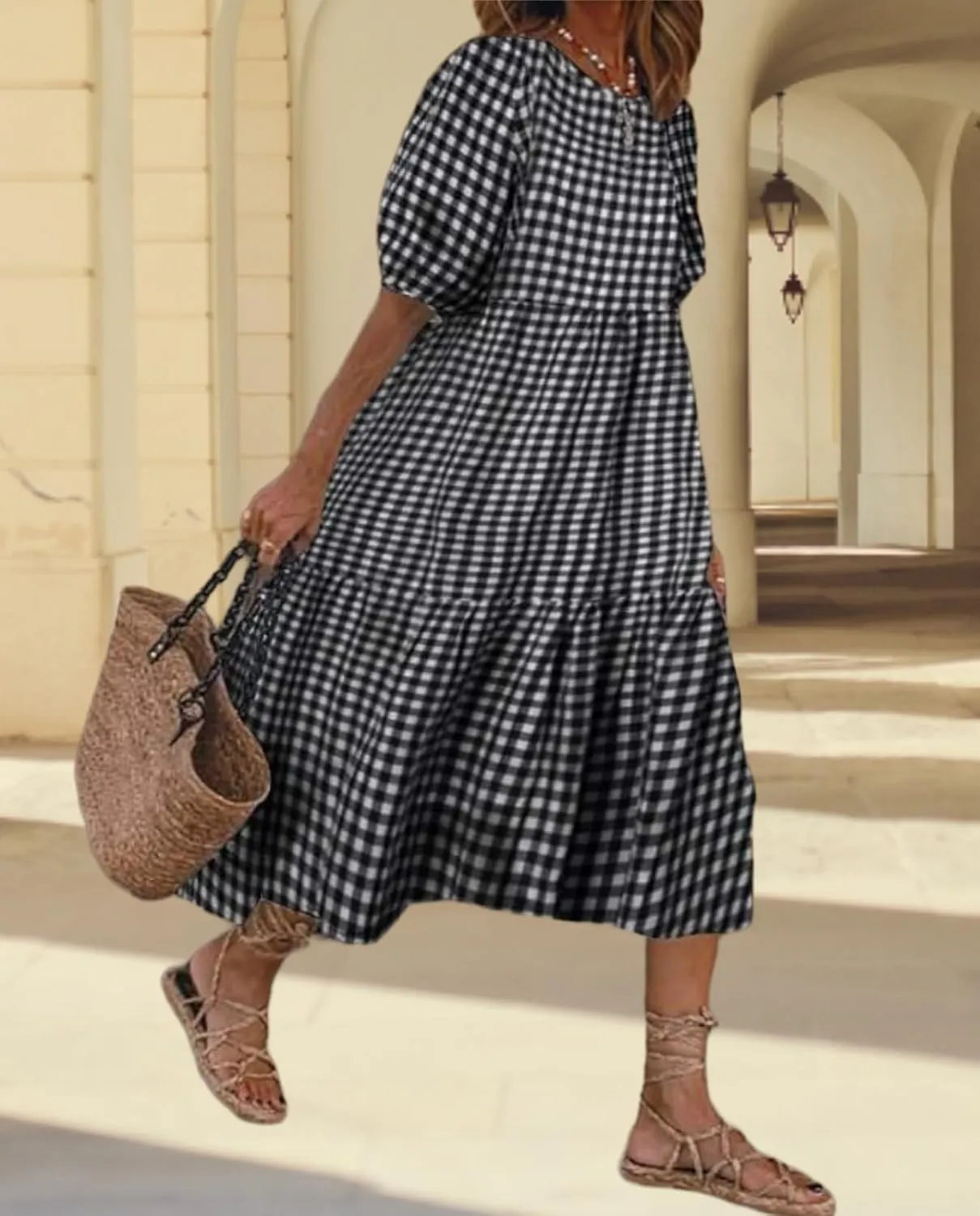 Guteidee Cotton Linen Dress for Womens Summer Midi Long Dress Short Sleeve A Line Dress