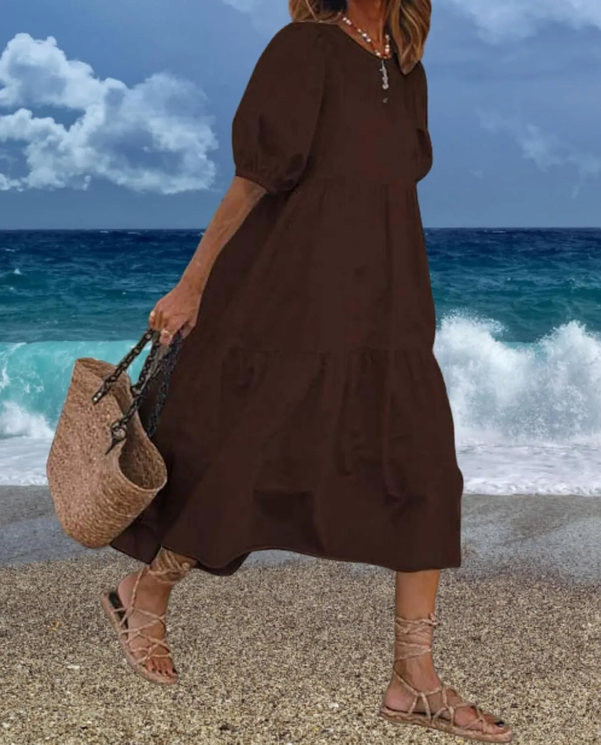 Guteidee Cotton Linen Dress for Womens Summer Midi Long Dress Short Sleeve A Line Dress