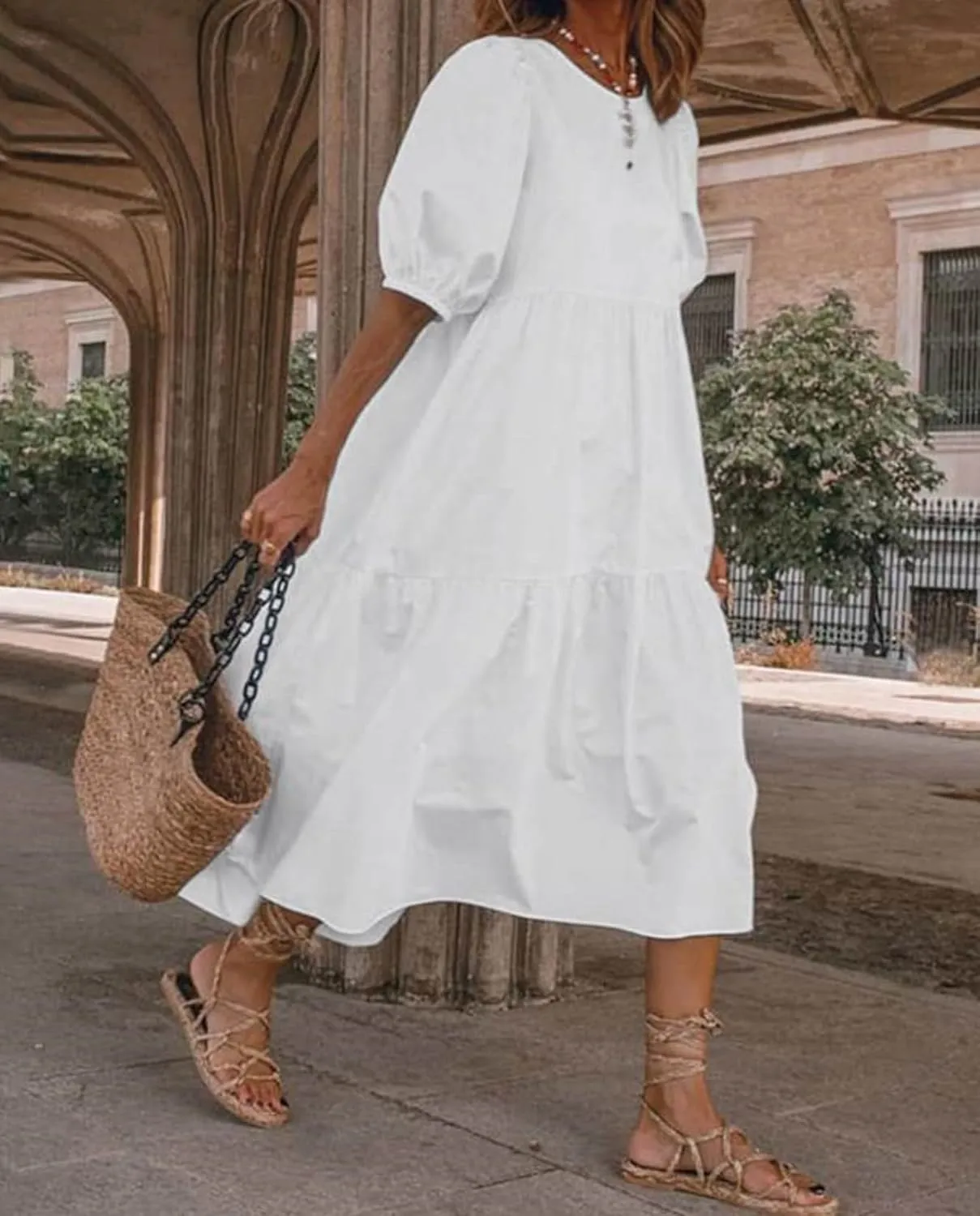 Guteidee Cotton Linen Dress for Womens Summer Midi Long Dress Short Sleeve A Line Dress