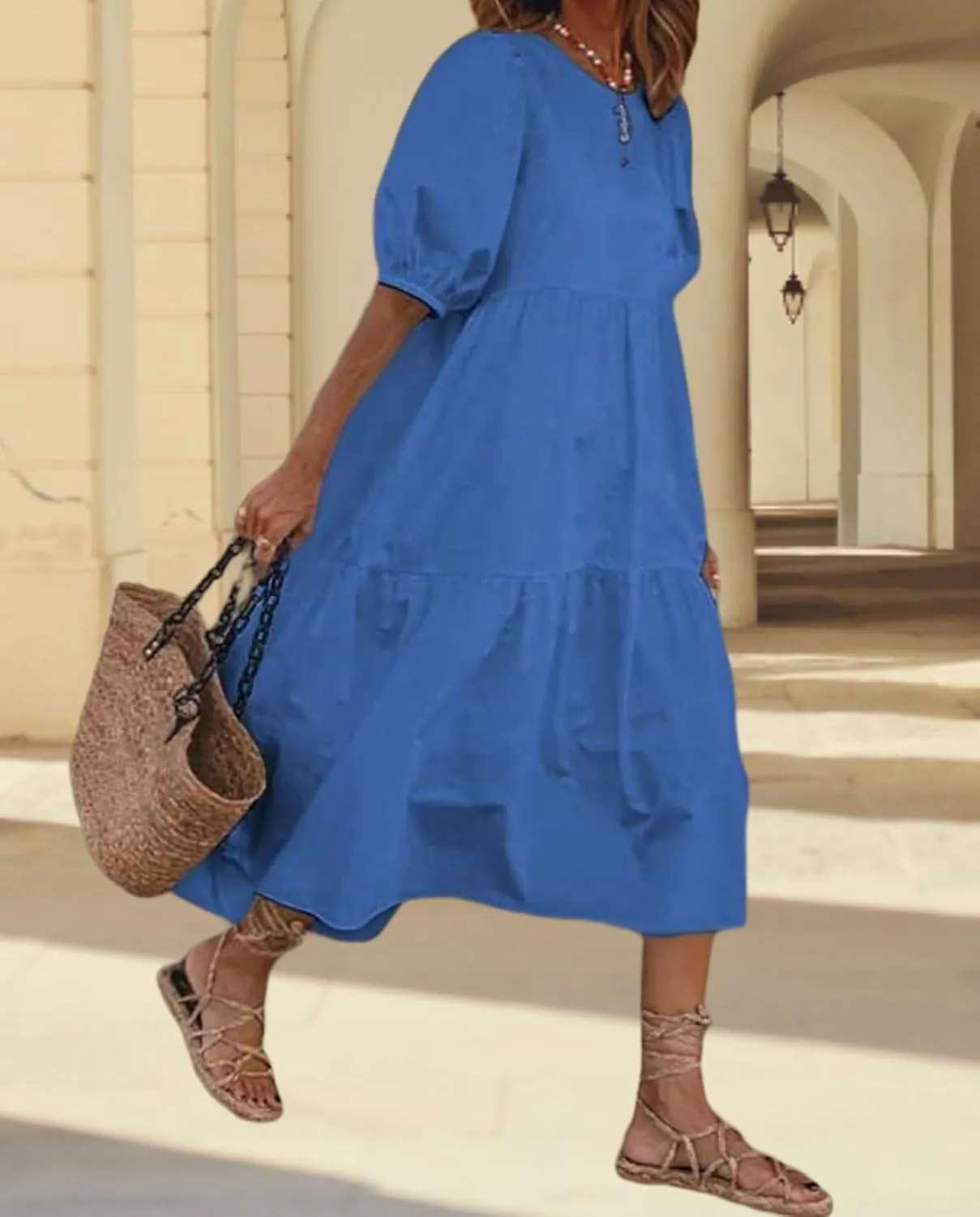 Guteidee Cotton Linen Dress for Womens Summer Midi Long Dress Short Sleeve A Line Dress