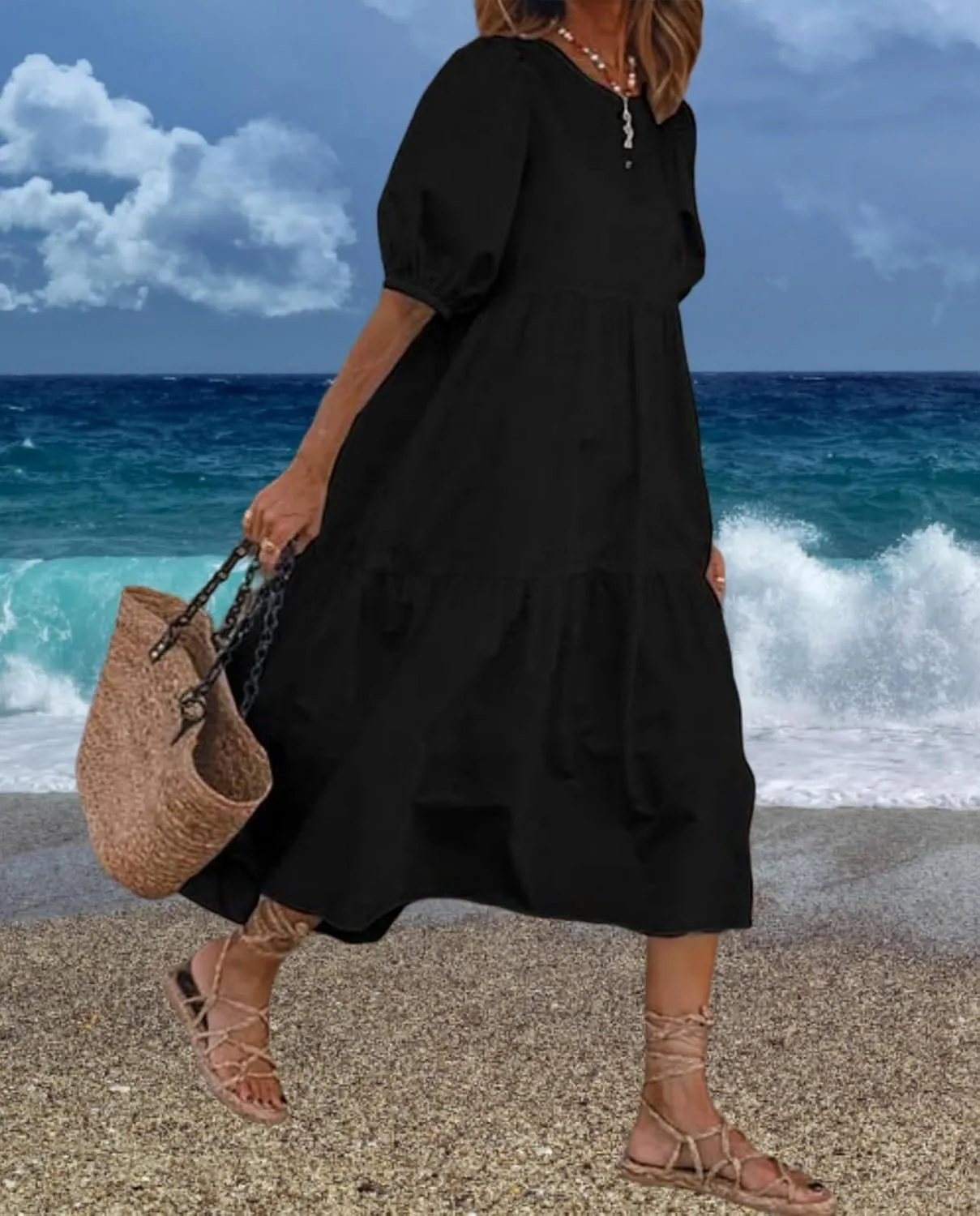 Guteidee Cotton Linen Dress for Womens Summer Midi Long Dress Short Sleeve A Line Dress