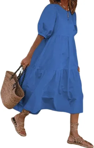 Guteidee Cotton Linen Dress for Womens Summer Midi Long Dress Short Sleeve A Line Dress