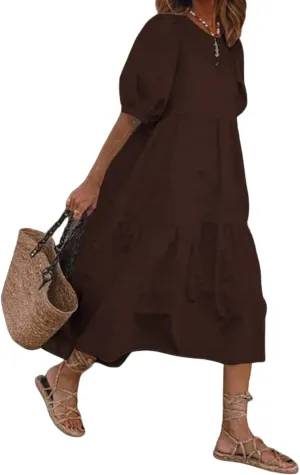 Guteidee Cotton Linen Dress for Womens Summer Midi Long Dress Short Sleeve A Line Dress