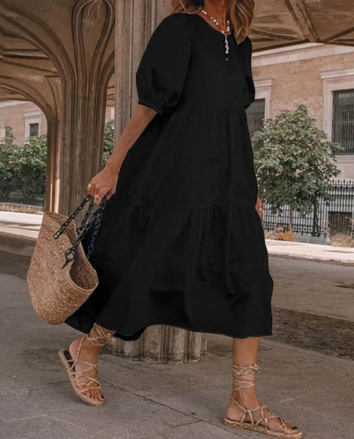 Guteidee Cotton Linen Dress for Womens Summer Midi Long Dress Short Sleeve A Line Dress
