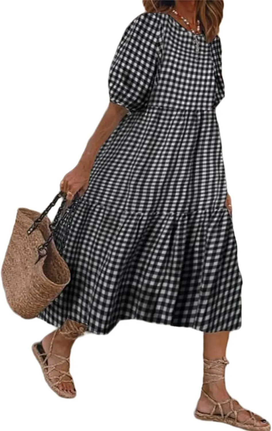 Guteidee Cotton Linen Dress for Womens Summer Midi Long Dress Short Sleeve A Line Dress