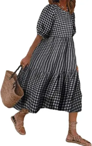 Guteidee Cotton Linen Dress for Womens Summer Midi Long Dress Short Sleeve A Line Dress