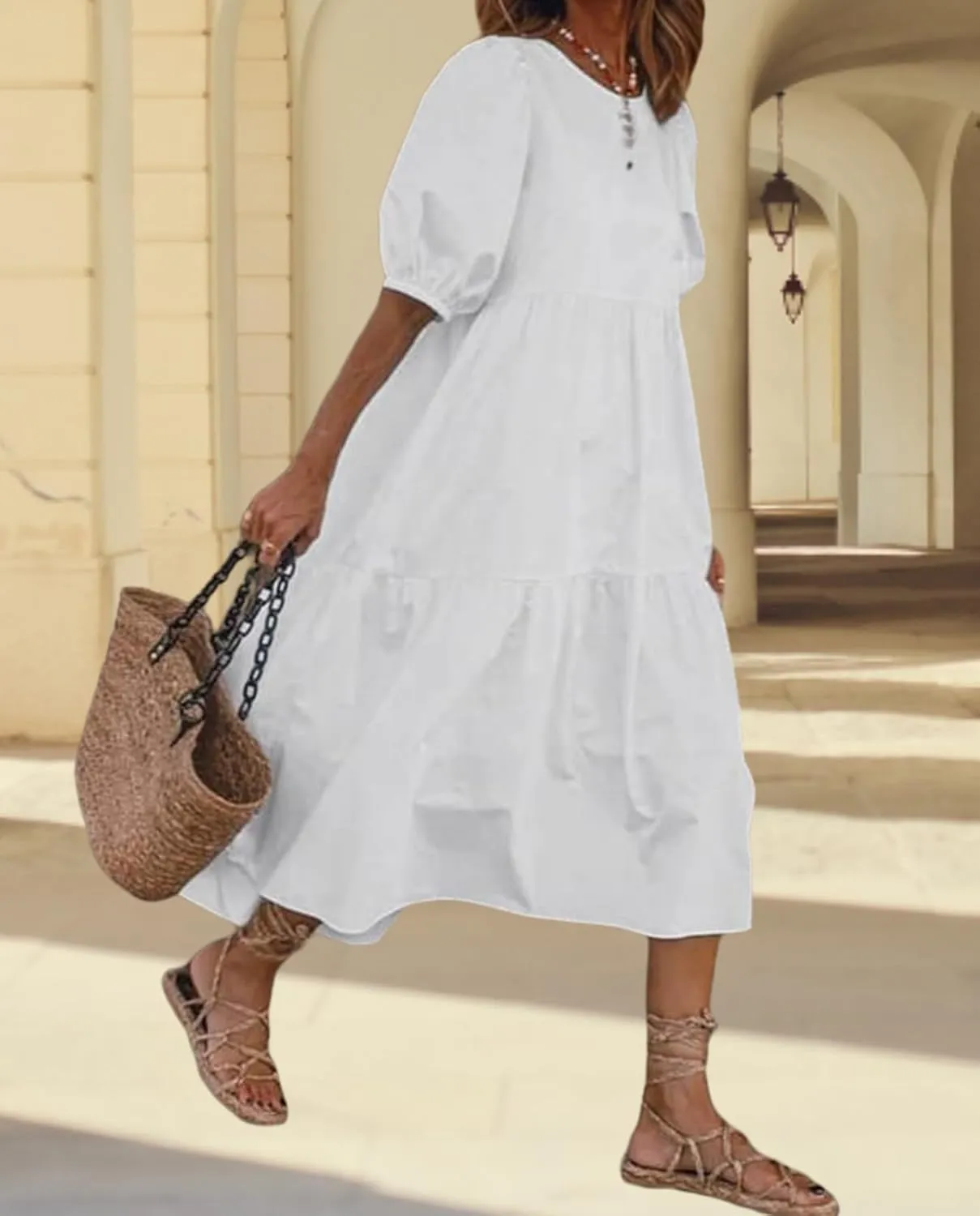 Guteidee Cotton Linen Dress for Womens Summer Midi Long Dress Short Sleeve A Line Dress