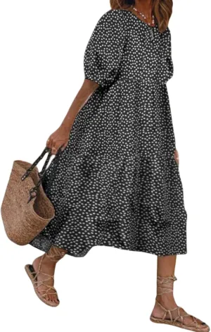 Guteidee Cotton Linen Dress for Womens Summer Midi Long Dress Short Sleeve A Line Dress