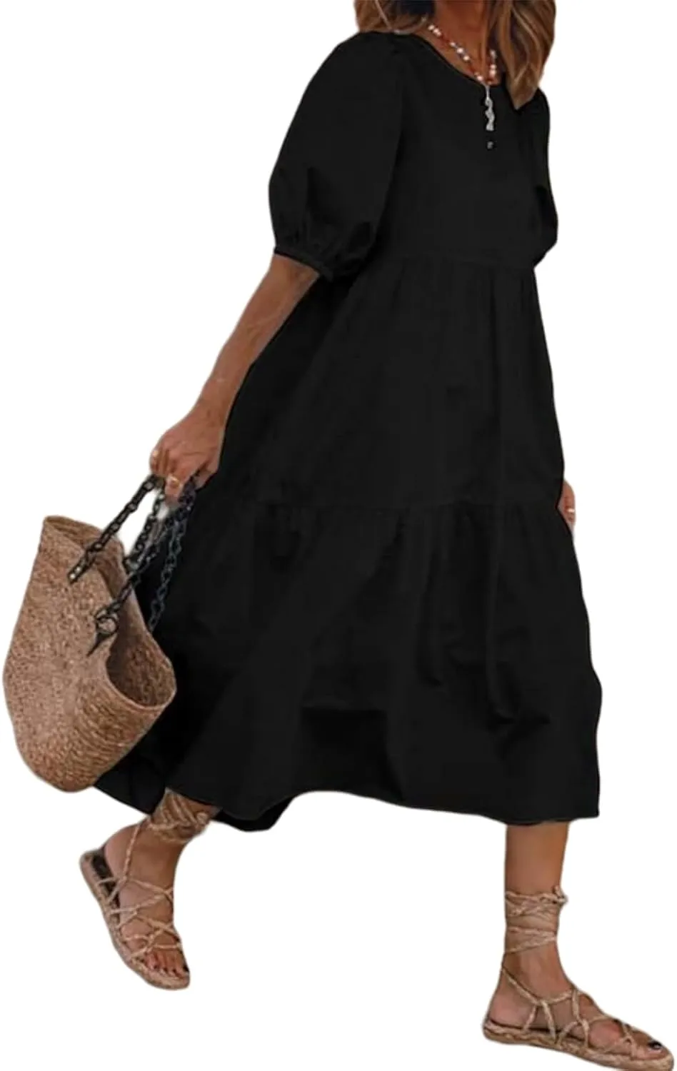 Guteidee Cotton Linen Dress for Womens Summer Midi Long Dress Short Sleeve A Line Dress