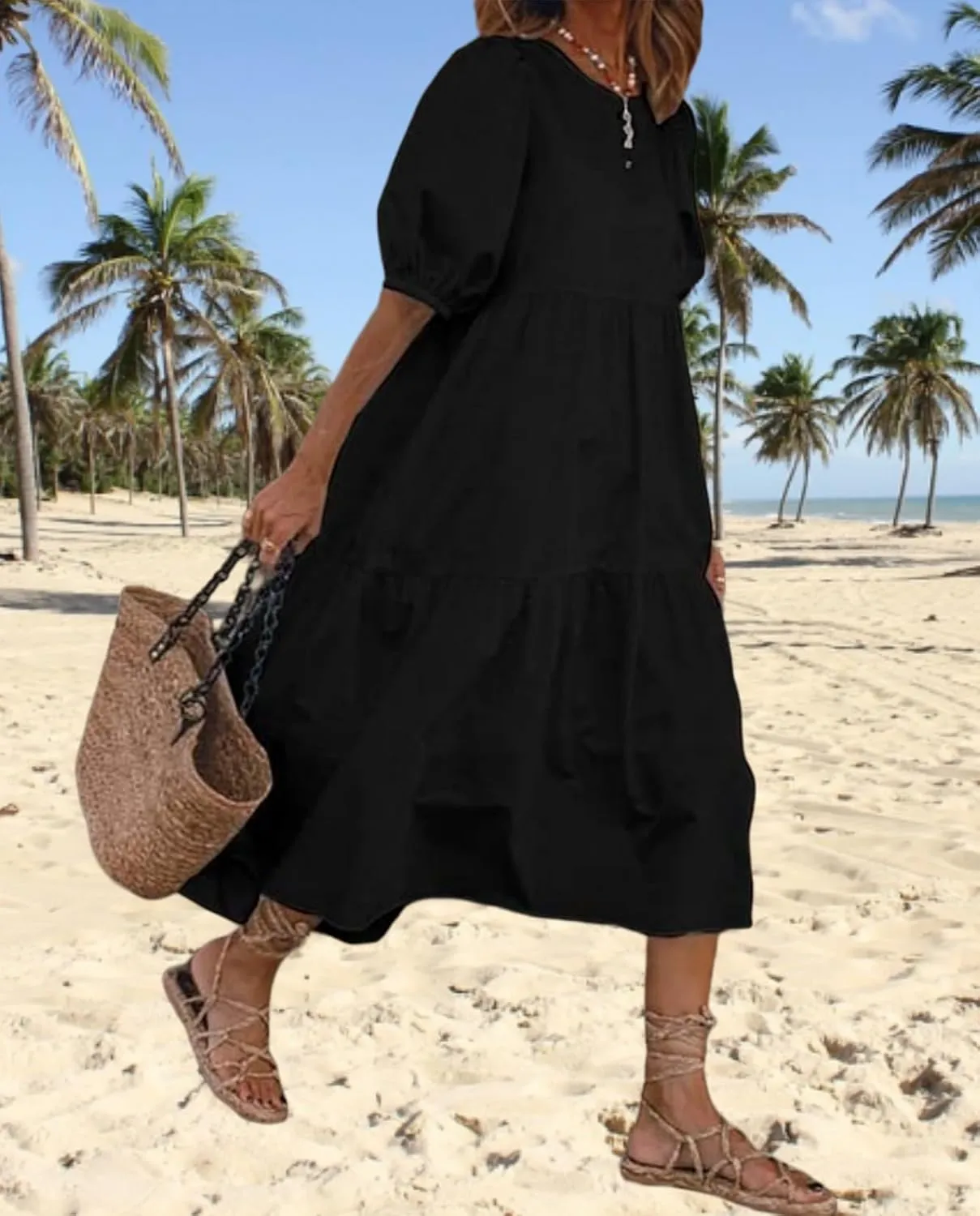 Guteidee Cotton Linen Dress for Womens Summer Midi Long Dress Short Sleeve A Line Dress
