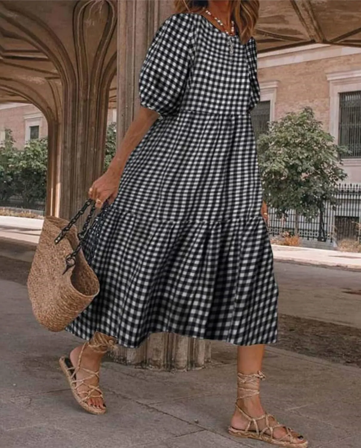 Guteidee Cotton Linen Dress for Womens Summer Midi Long Dress Short Sleeve A Line Dress