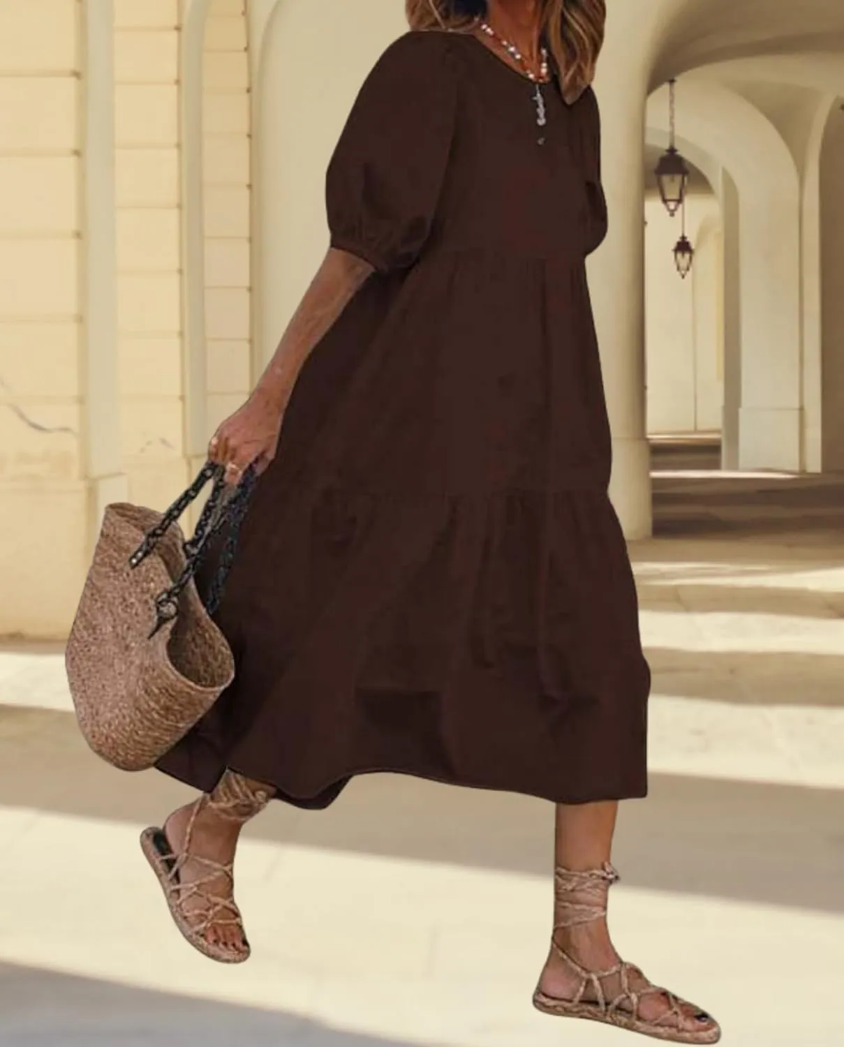 Guteidee Cotton Linen Dress for Womens Summer Midi Long Dress Short Sleeve A Line Dress