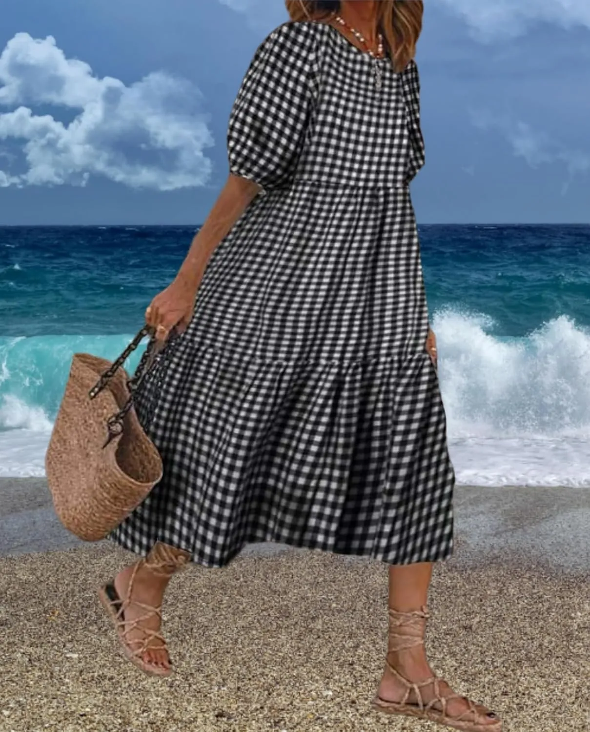 Guteidee Cotton Linen Dress for Womens Summer Midi Long Dress Short Sleeve A Line Dress