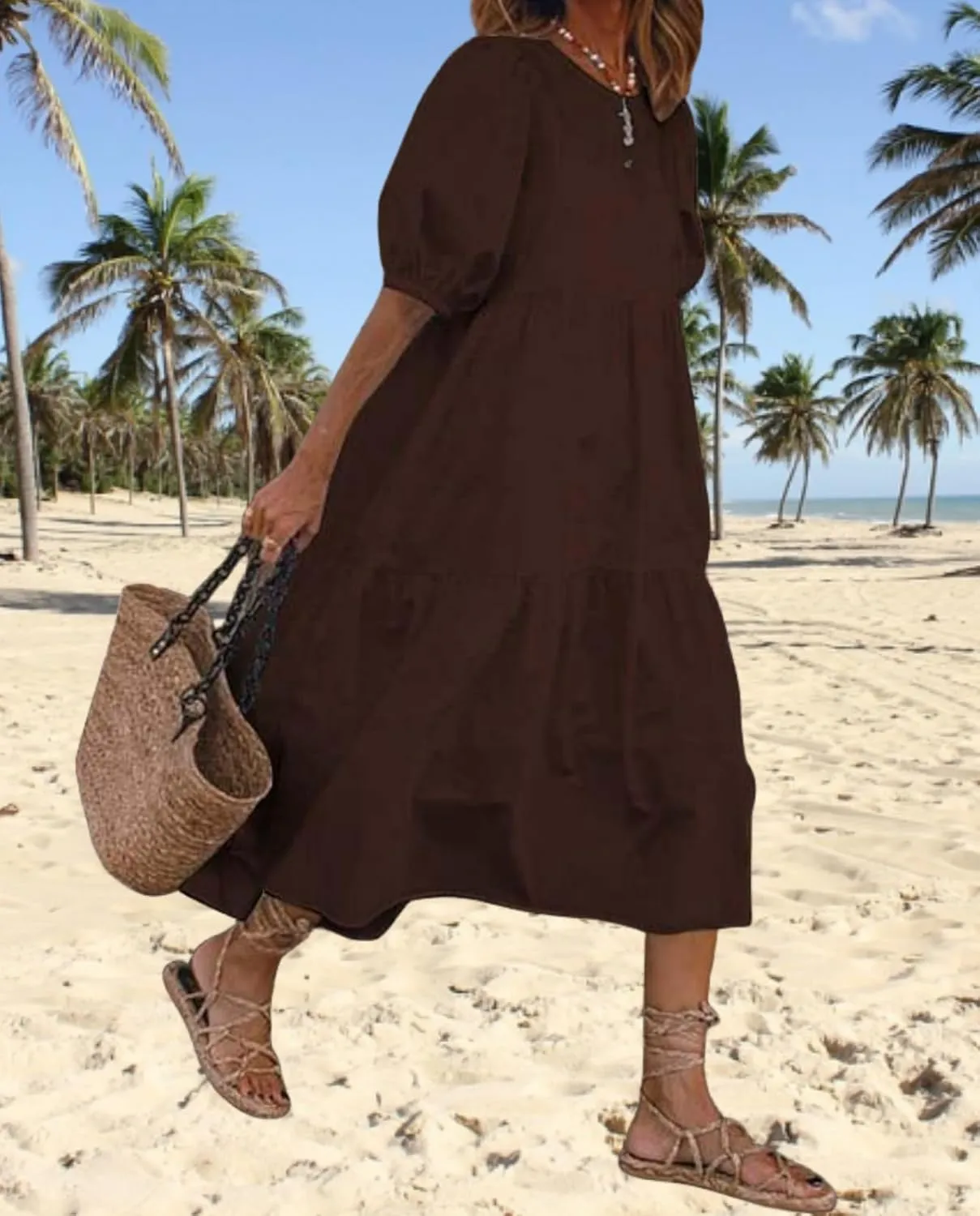Guteidee Cotton Linen Dress for Womens Summer Midi Long Dress Short Sleeve A Line Dress