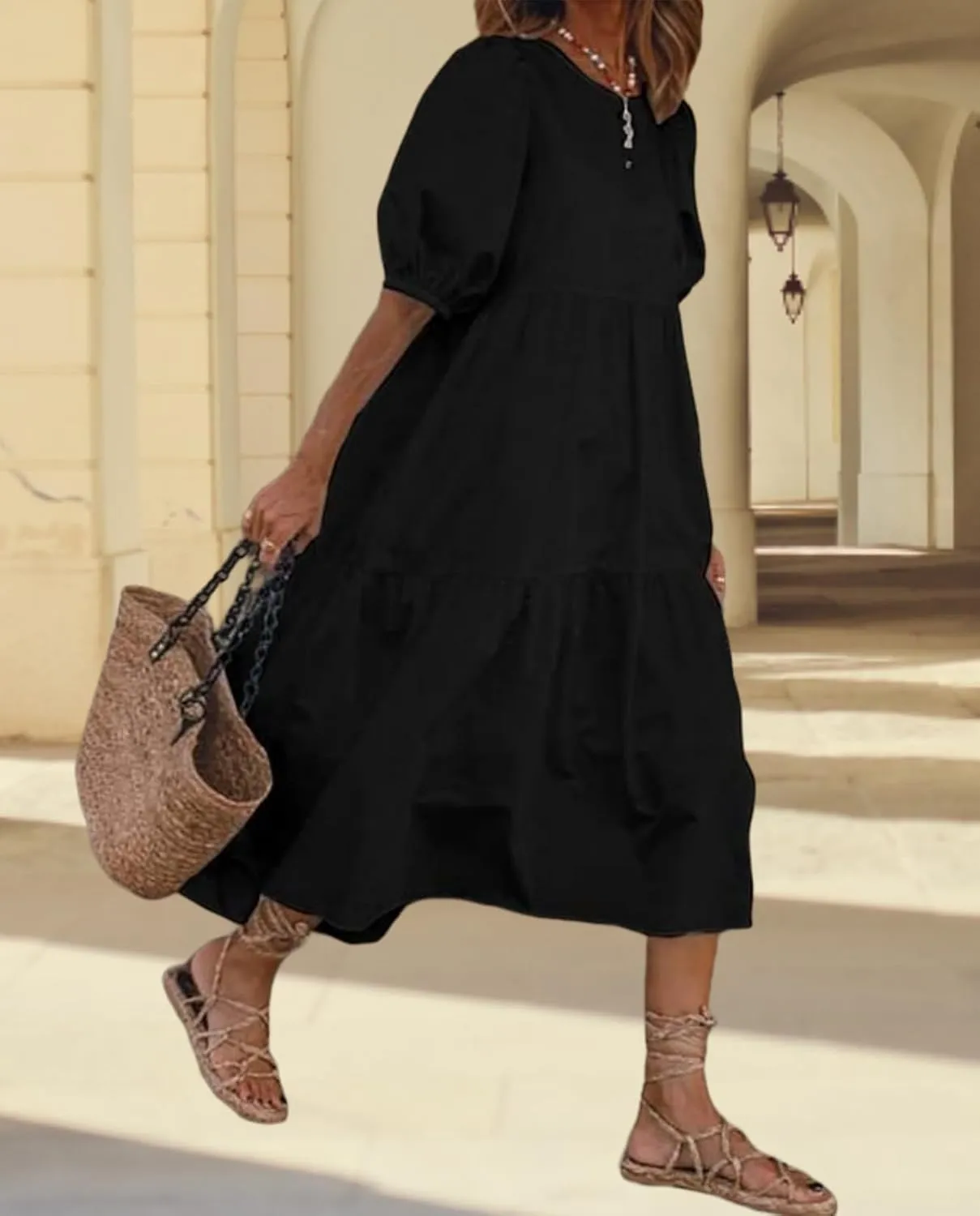 Guteidee Cotton Linen Dress for Womens Summer Midi Long Dress Short Sleeve A Line Dress