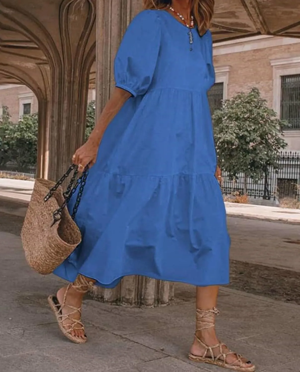 Guteidee Cotton Linen Dress for Womens Summer Midi Long Dress Short Sleeve A Line Dress