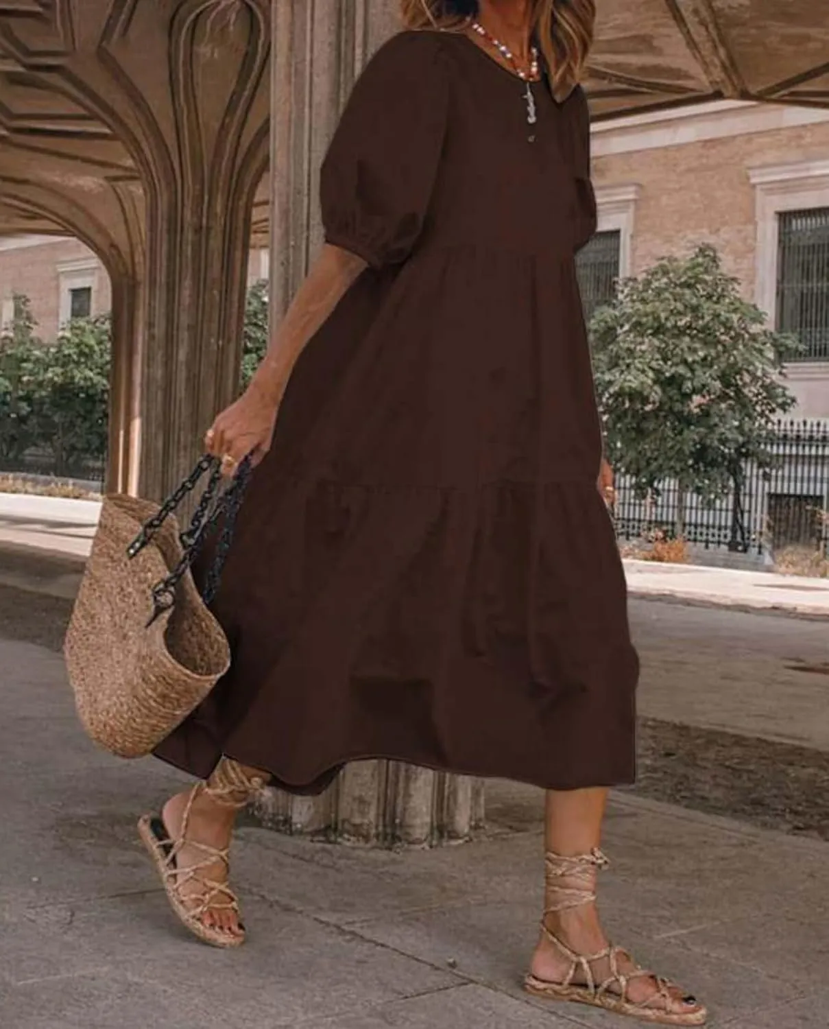 Guteidee Cotton Linen Dress for Womens Summer Midi Long Dress Short Sleeve A Line Dress
