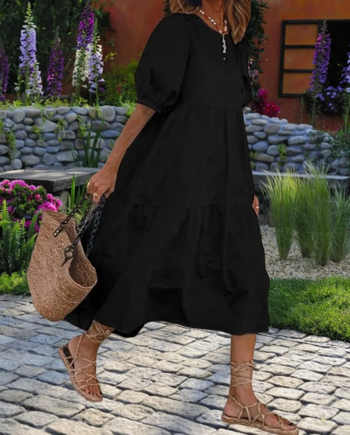 Guteidee Cotton Linen Dress for Womens Summer Midi Long Dress Short Sleeve A Line Dress