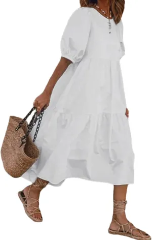 Guteidee Cotton Linen Dress for Womens Summer Midi Long Dress Short Sleeve A Line Dress