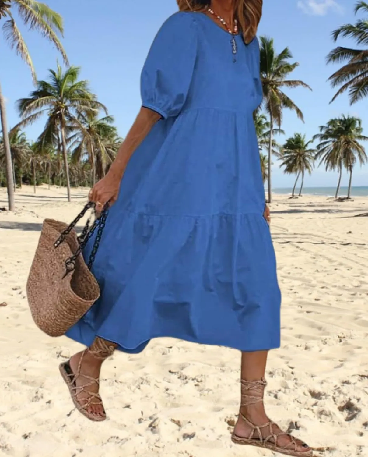 Guteidee Cotton Linen Dress for Womens Summer Midi Long Dress Short Sleeve A Line Dress