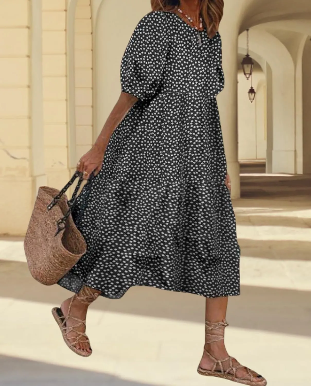Guteidee Cotton Linen Dress for Womens Summer Midi Long Dress Short Sleeve A Line Dress