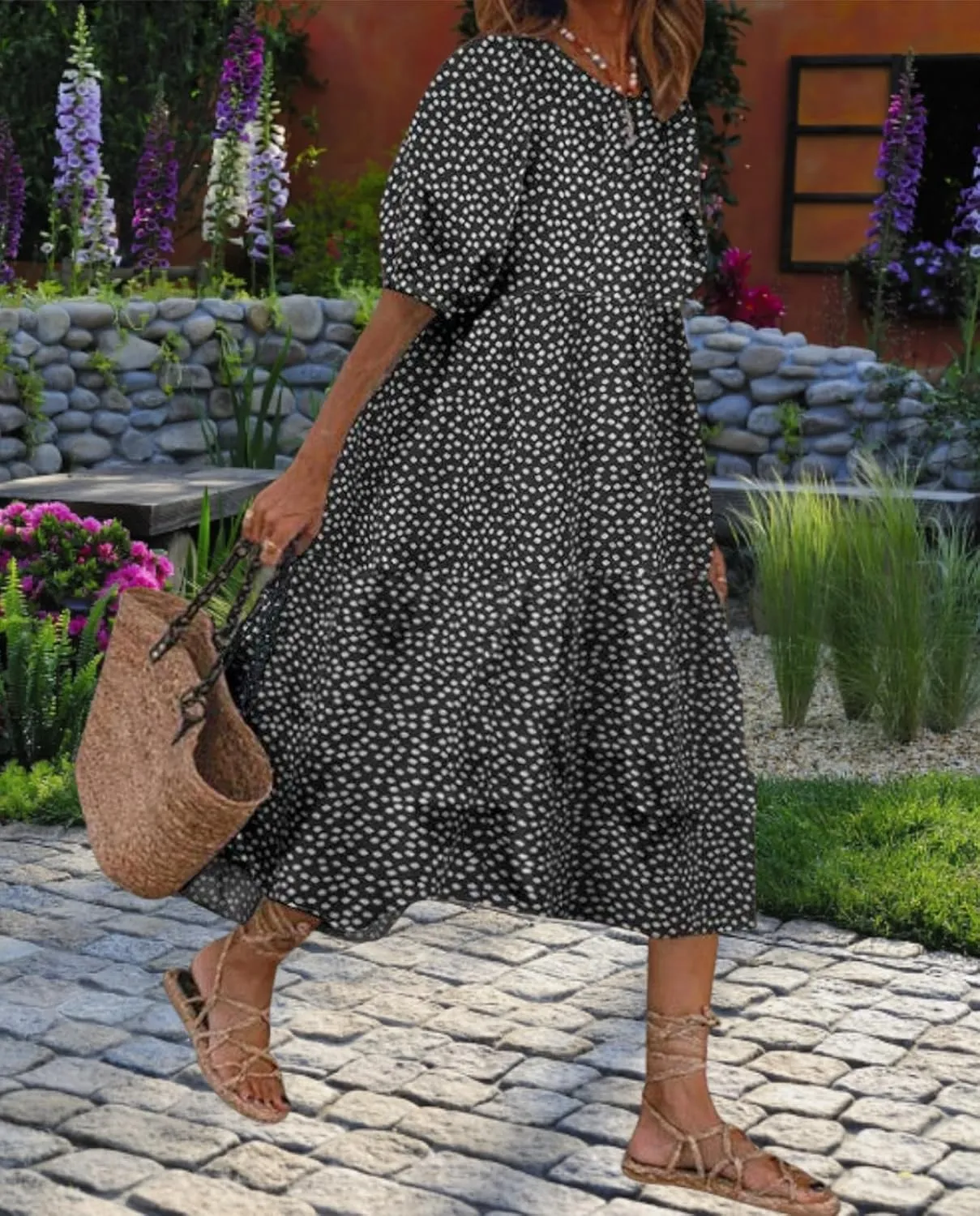 Guteidee Cotton Linen Dress for Womens Summer Midi Long Dress Short Sleeve A Line Dress