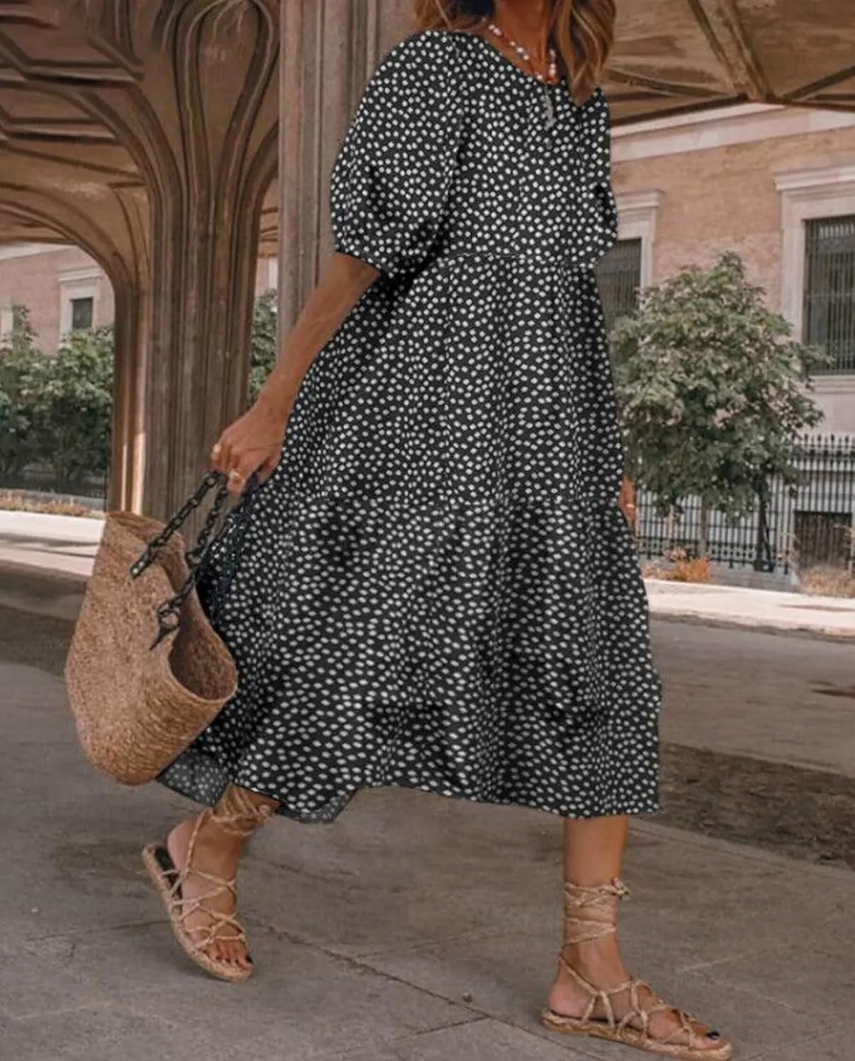 Guteidee Cotton Linen Dress for Womens Summer Midi Long Dress Short Sleeve A Line Dress