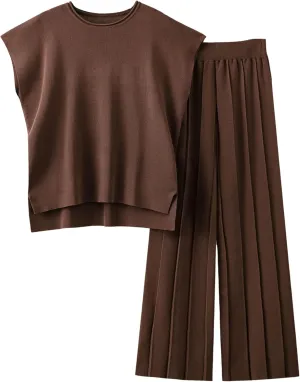 HangNiFang 2 Piece Sweater Sets for Women Knit Outfits Short Sleeve Knit Pullover Tops Wide Leg Pants