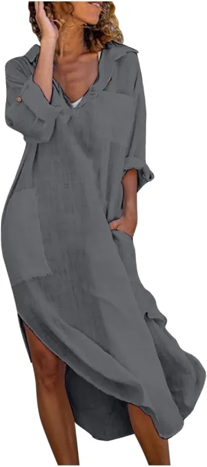 Hawaiian Dresses for Women Lightweight Linen Cotton Coverup Sundresses Casual Relaxed Boho Maxi Outfits with Pockets
