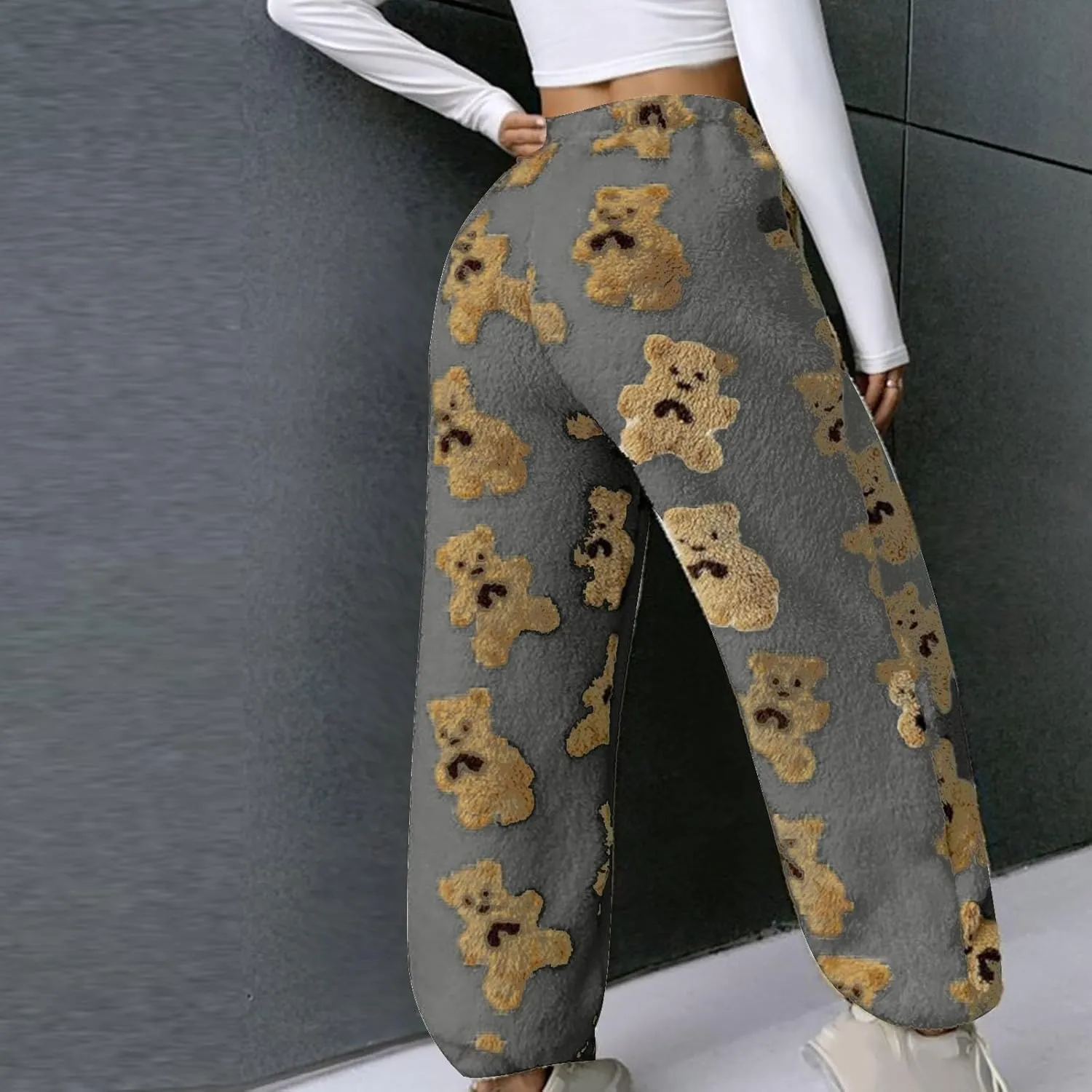 HGps8w Women's Cute Bear Plush Pajama Pants, Soft Fluffy Fleece Warm Pjs Bottoms Sleepwear Winter Comfy Fuzzy Lounge Pants