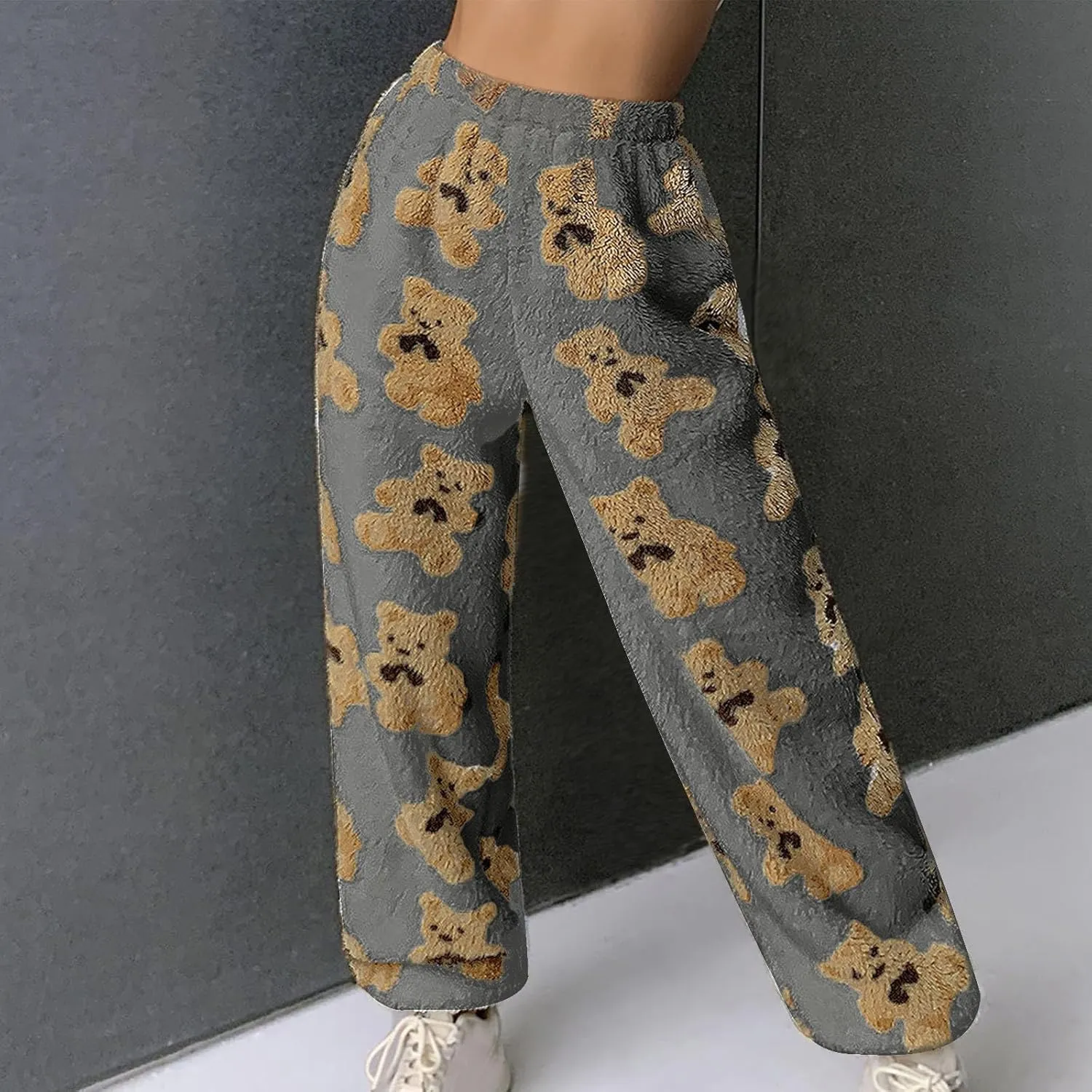 HGps8w Women's Cute Bear Plush Pajama Pants, Soft Fluffy Fleece Warm Pjs Bottoms Sleepwear Winter Comfy Fuzzy Lounge Pants