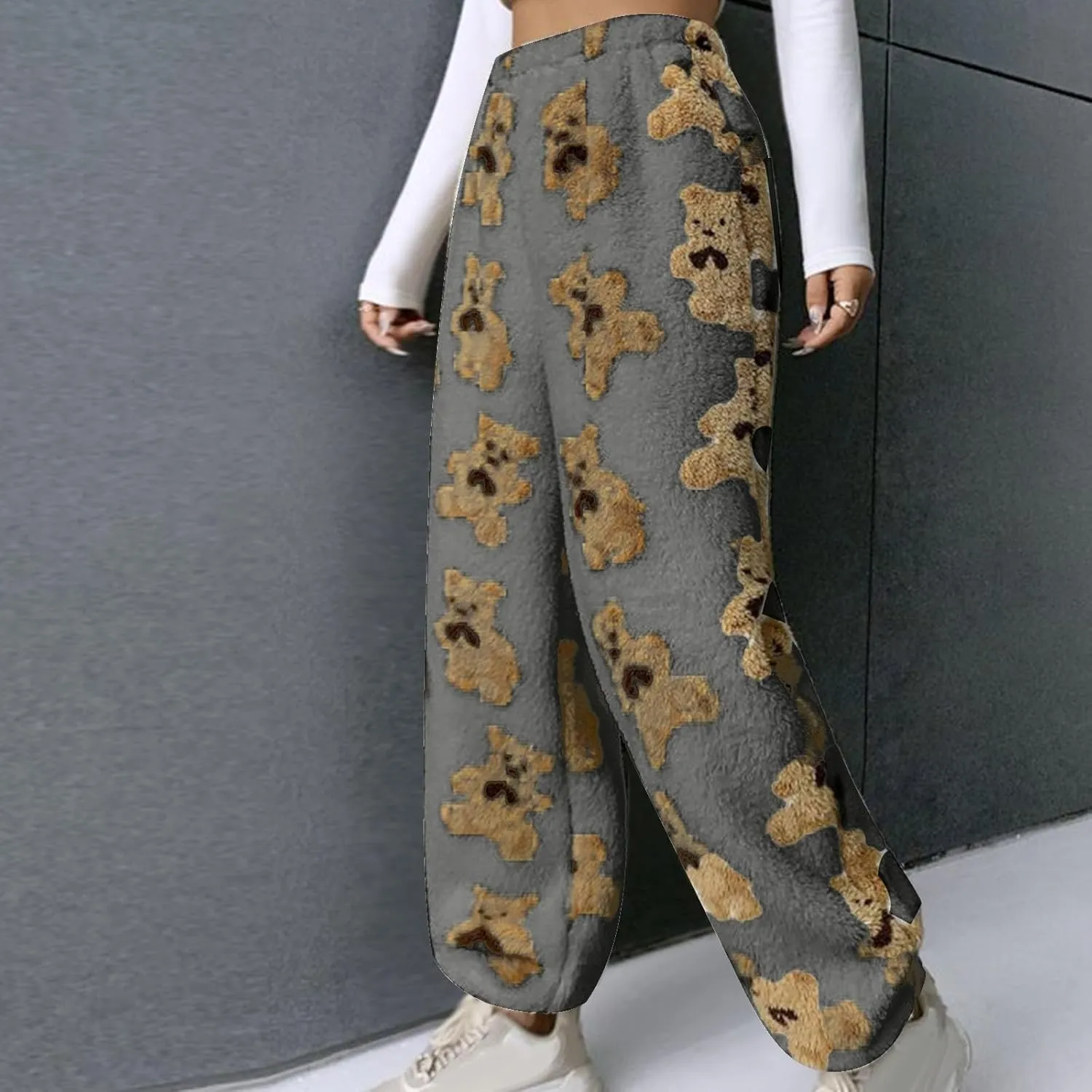 HGps8w Women's Cute Bear Plush Pajama Pants, Soft Fluffy Fleece Warm Pjs Bottoms Sleepwear Winter Comfy Fuzzy Lounge Pants