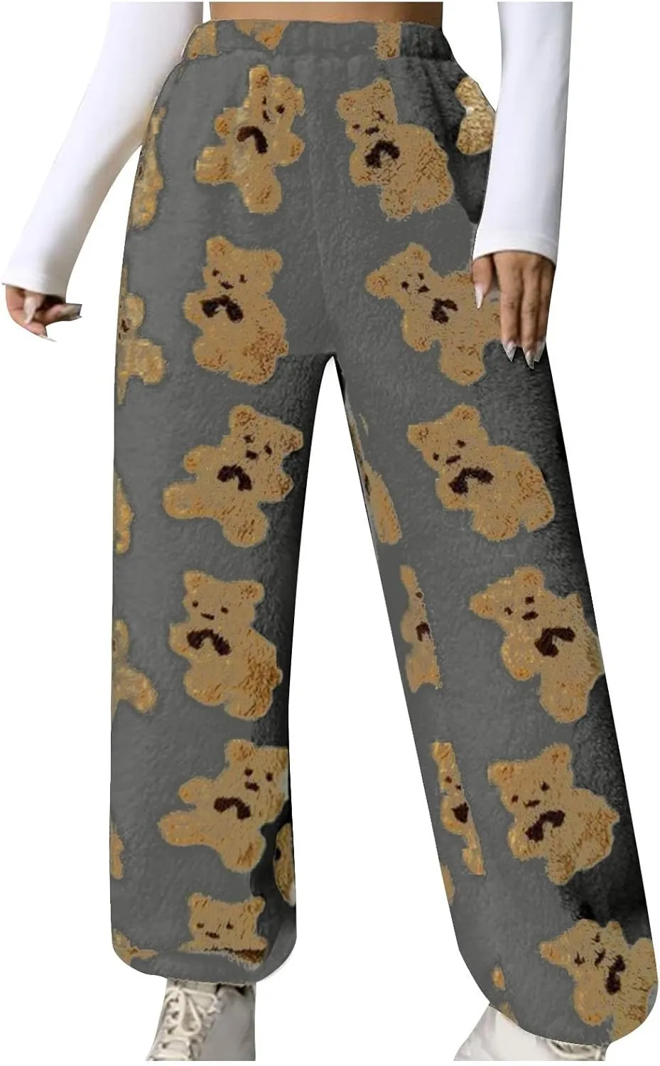 HGps8w Women's Cute Bear Plush Pajama Pants, Soft Fluffy Fleece Warm Pjs Bottoms Sleepwear Winter Comfy Fuzzy Lounge Pants