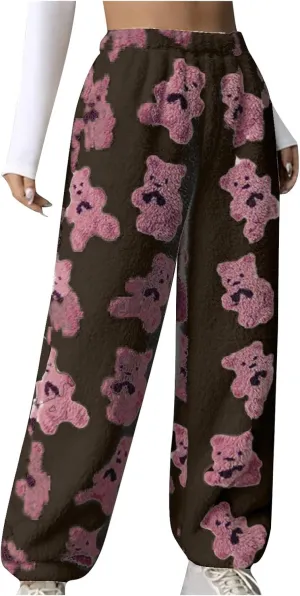 HGps8w Women's Cute Bear Plush Pajama Pants, Soft Fluffy Fleece Warm Pjs Bottoms Sleepwear Winter Comfy Fuzzy Lounge Pants