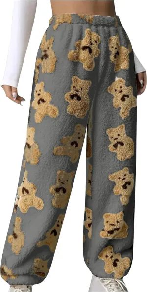 HGps8w Women's Cute Bear Plush Pajama Pants, Soft Fluffy Fleece Warm Pjs Bottoms Sleepwear Winter Comfy Fuzzy Lounge Pants