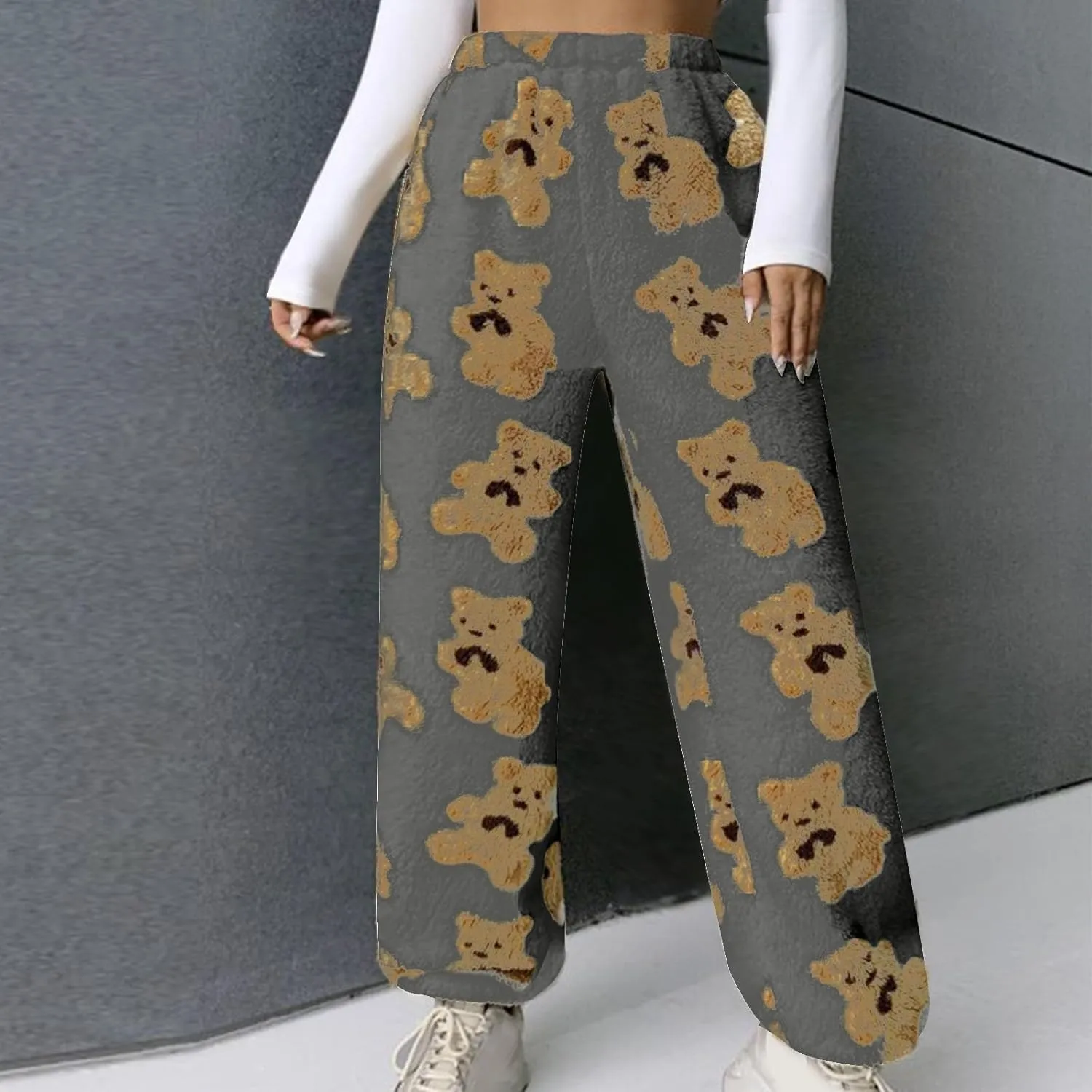 HGps8w Women's Cute Bear Plush Pajama Pants, Soft Fluffy Fleece Warm Pjs Bottoms Sleepwear Winter Comfy Fuzzy Lounge Pants