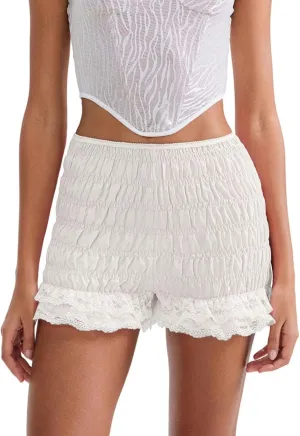 HGps8w Women's Ruffle Bloomers Sexy Layered Lounge Shorts High Waisted Lace Pettipants Cute Pajamas Bottoms