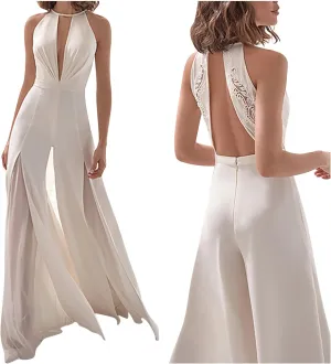 HGps8w Women's Sexy Deep V Dressy Jumpsuits Lace Splicing Backless Flowy Wide Leg Wedding Rompers Ladies Elegant Prom Gown