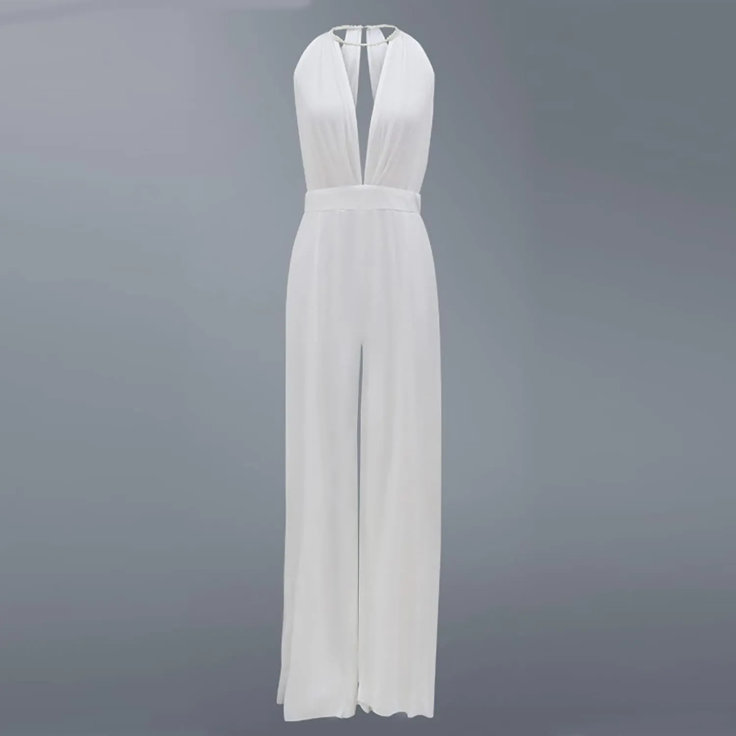HGps8w Women's Sexy Deep V Dressy Jumpsuits Lace Splicing Backless Flowy Wide Leg Wedding Rompers Ladies Elegant Prom Gown