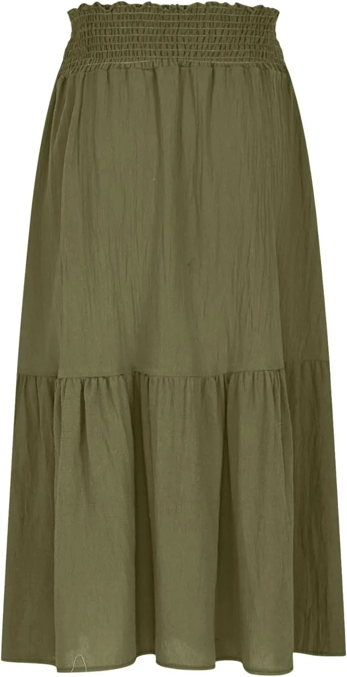 HGps8w Women's Summer Smocked Maxi Boho Skirt Elegant Ruffle Elastic High Waist Tiered A-Line Flowy Long Beach Skirts