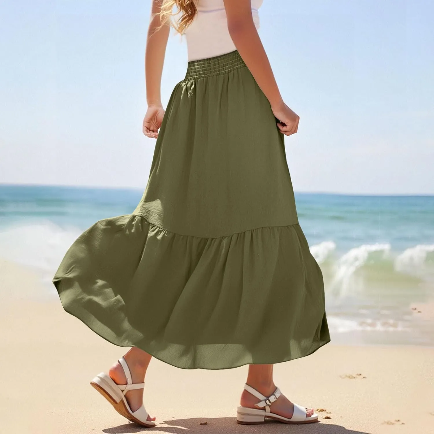 HGps8w Women's Summer Smocked Maxi Boho Skirt Elegant Ruffle Elastic High Waist Tiered A-Line Flowy Long Beach Skirts