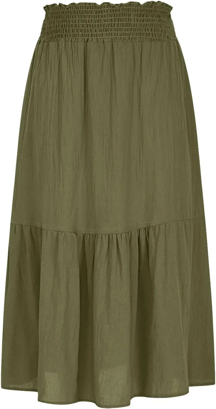 HGps8w Women's Summer Smocked Maxi Boho Skirt Elegant Ruffle Elastic High Waist Tiered A-Line Flowy Long Beach Skirts