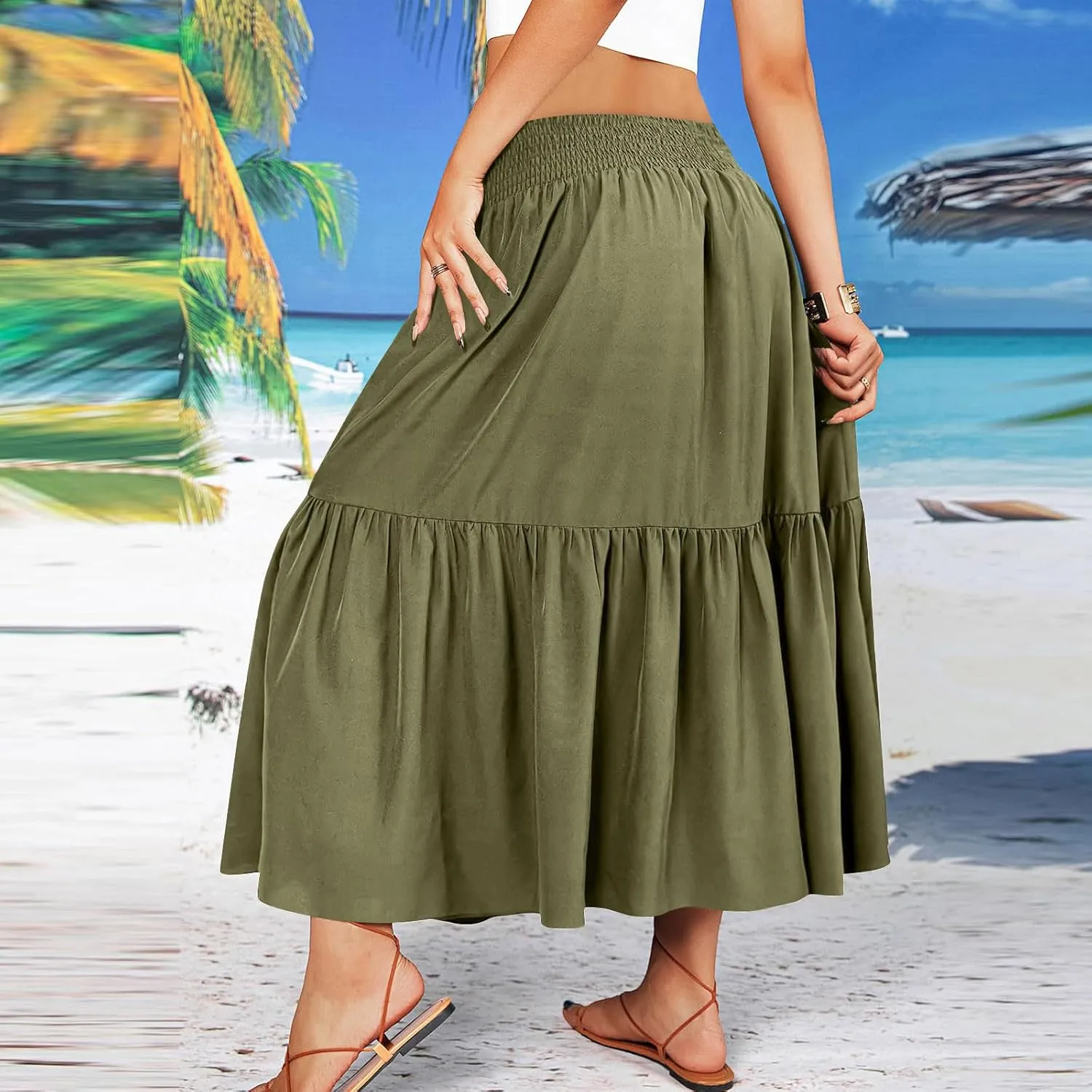 HGps8w Women's Summer Smocked Maxi Boho Skirt Elegant Ruffle Elastic High Waist Tiered A-Line Flowy Long Beach Skirts